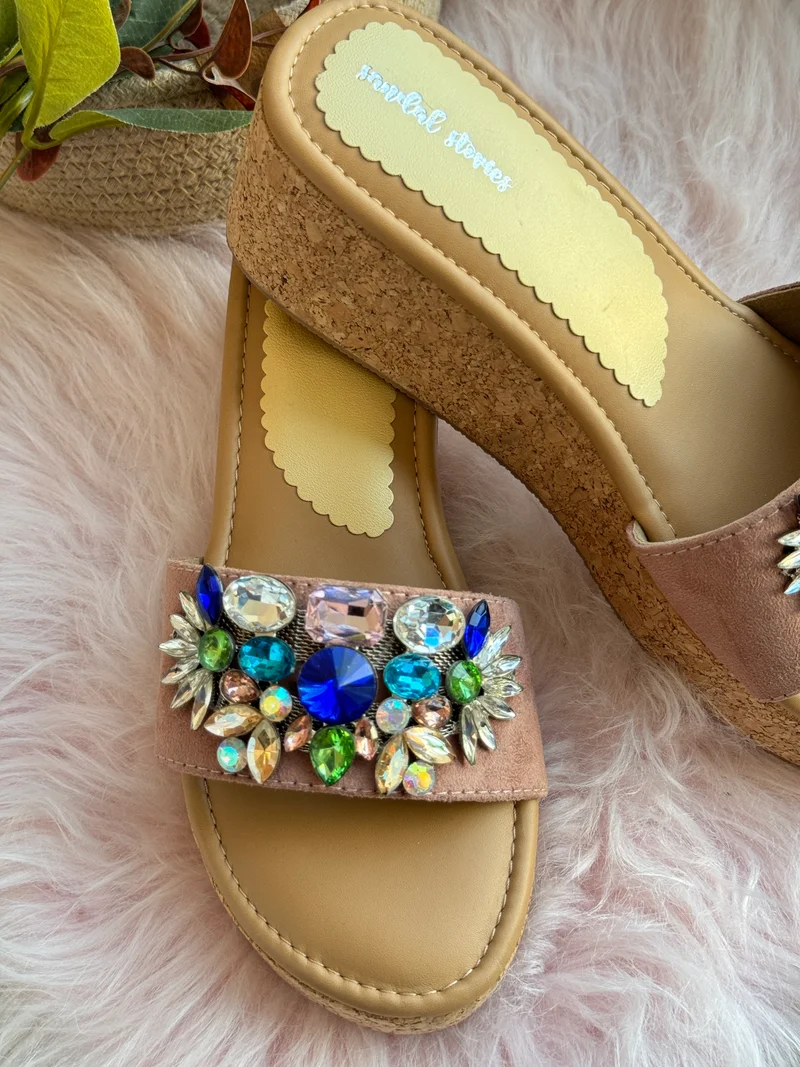 Sandal Stories Embellished Beige Wedges for Women