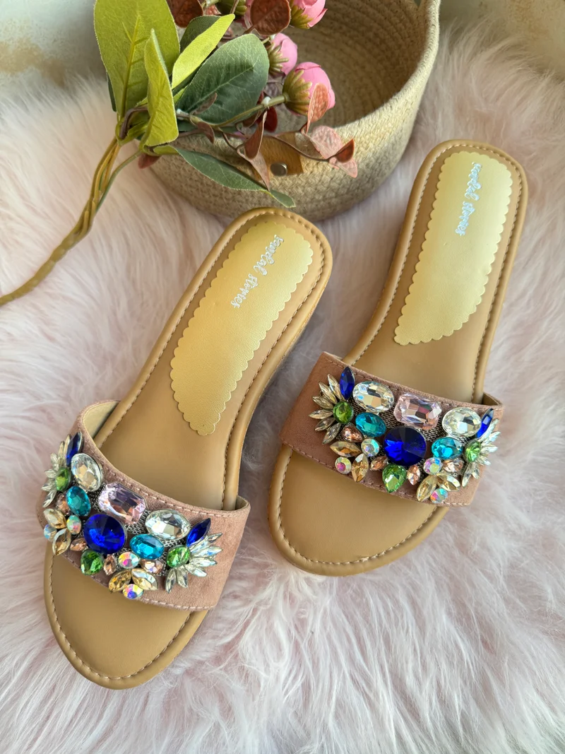 Sandal Stories Embellished Beige Wedges for Women