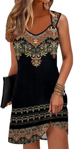 ETCYY Summer Dresses for Women 2026 Vacation Beach Cover Ups Swimsuit Sleeveless Sundresses Casual Loose Tank Sun Dresses,Flower Vine Black,Medium - Image 1
