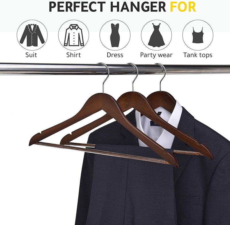 Quality Hangers شماعات خشبية عالية الجودة - مجموعة 30 شماعة منحنية قليلاً - معطف خشبي صلب مع خطافات كروم أنيقة - شماعات ثقيلة للملابس والجاكيت والقمصان والبنطلونات والبدلات (جوز - خطاف كروم، 30) - Image 4