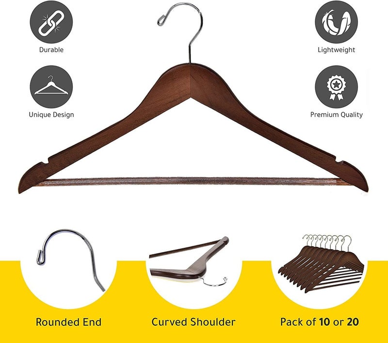 Quality Hangers شماعات خشبية عالية الجودة - مجموعة 30 شماعة منحنية قليلاً - معطف خشبي صلب مع خطافات كروم أنيقة - شماعات ثقيلة للملابس والجاكيت والقمصان والبنطلونات والبدلات (جوز - خطاف كروم، 30) - Image 3