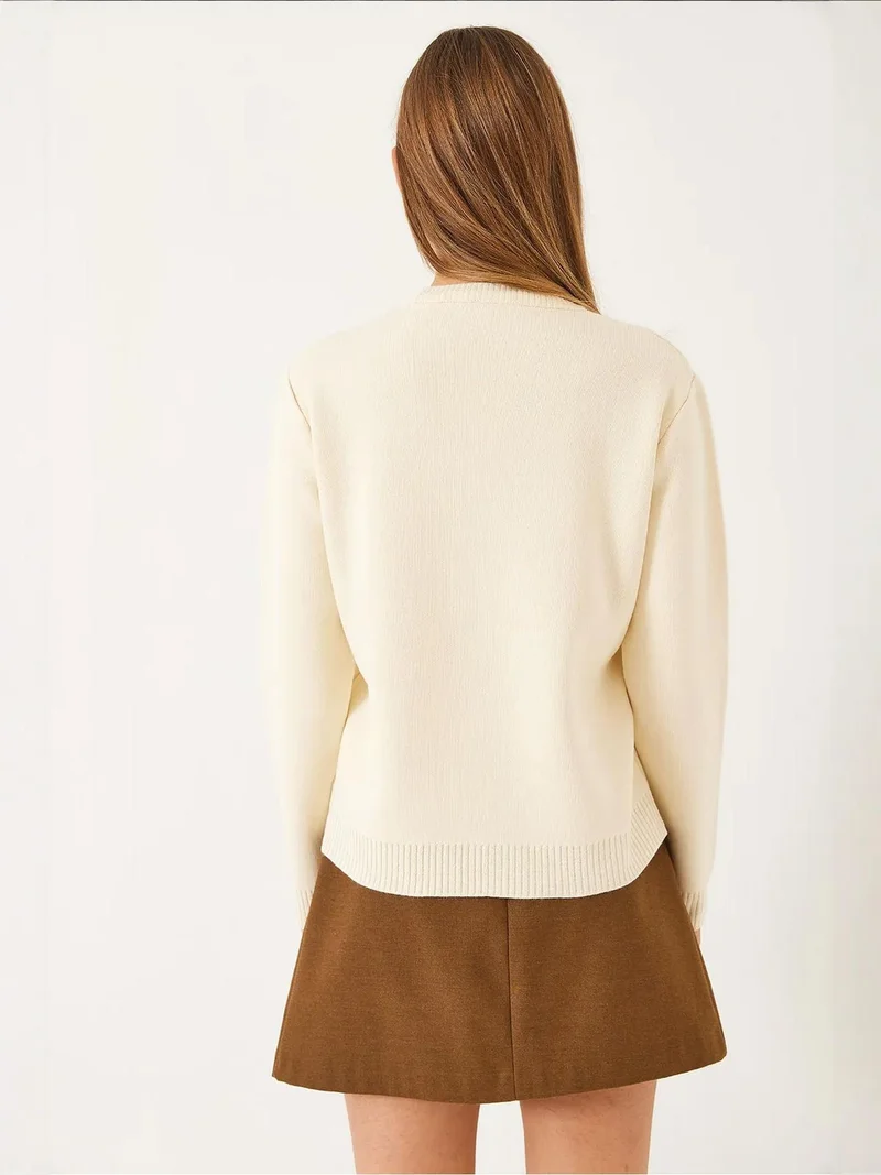 Bianco Lucci Beige Natural LUCCI Embroidered Crew Neck Sweater for Women | Best Price UAE