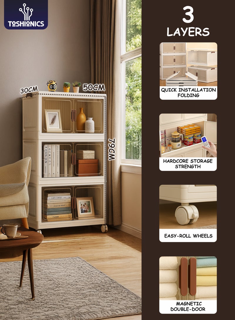 Toshionics 3 Tier Plastic Storage Cabinet - 50x30x79cm - with Transparent Brown-Tinted Acrylic Double Doors and Lockable Wheels – Multi-Layer Foldable, Stackable, Versatile Organizer for Clothes, Toys, Pantry and More- Available in Various Sizes - Image 1