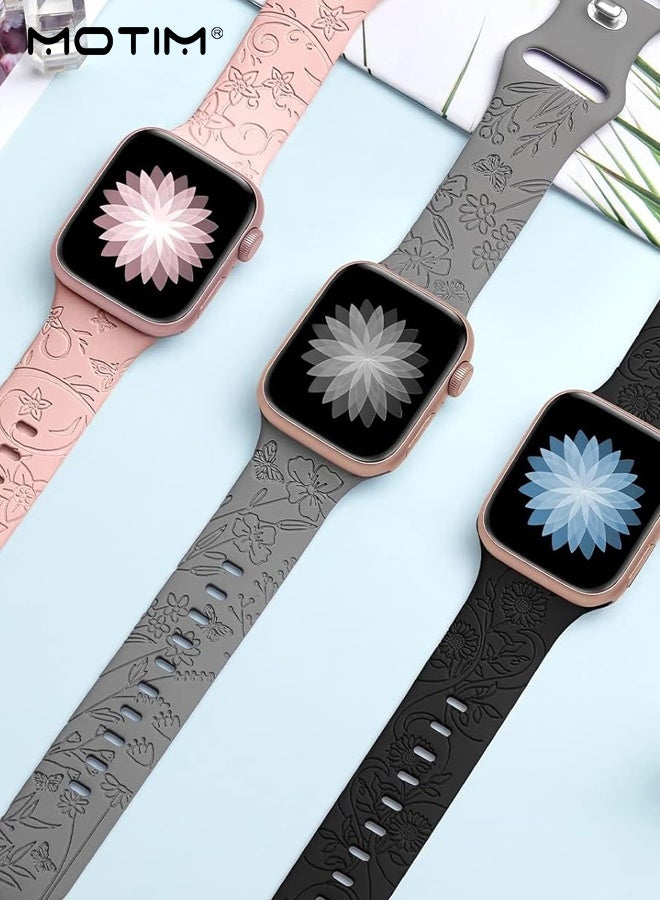 Motim Apple Watch Replacement Strap Compatible with Apple Watch Band 41mm 40mm 38mm, Floral Engraved Design,iWatch Bands Soft Silicone Sport Strap for iWatch Series SE 10 9 8 7 6 5 4 3 Ultra - Image 2