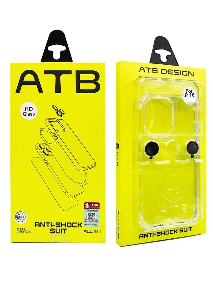 ATB 6-in-1 Full Protection Kit for iPhone 16 Easy & precise installation with high-clear transparent glass screen protector A complete and easy-to-install protection solution. Includes: ultra-clear tempered glass screen protector, transparent plastic case, camera lens protectors, anti-dust mesh stickers for speaker openings, magnetic ring frame, and back protector. - Image 1