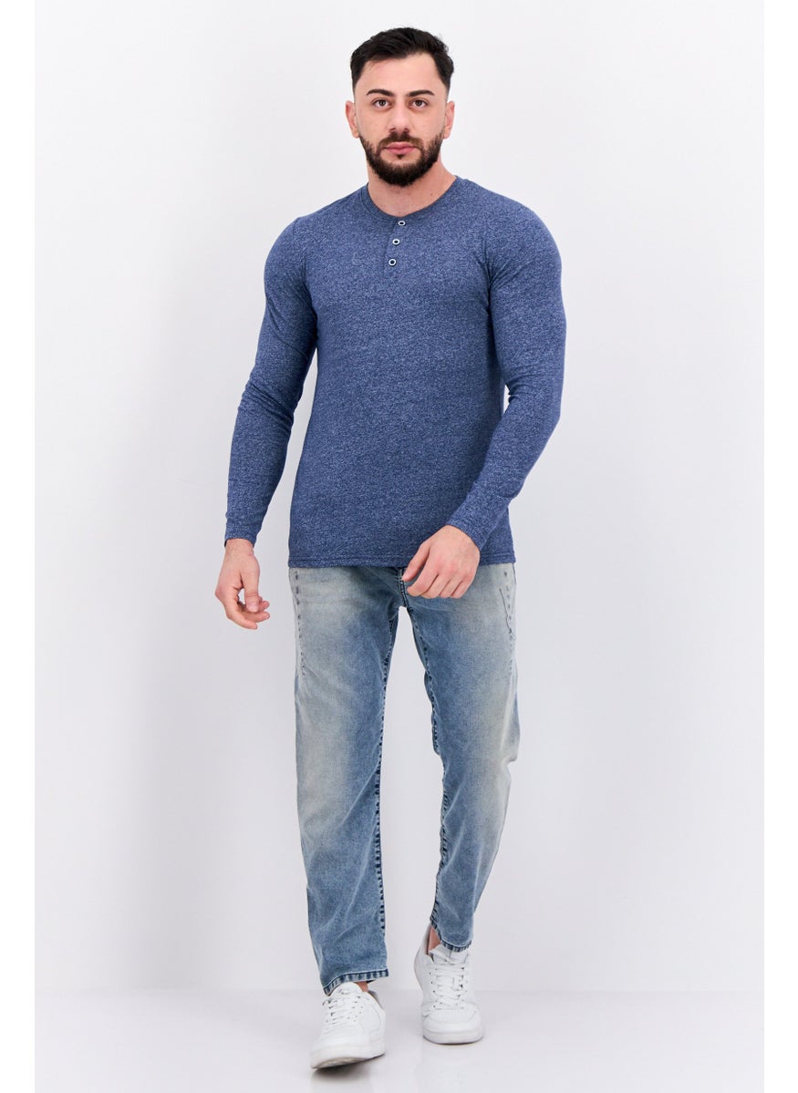 Blue Black Threads - Men Henley Neck Long Sleeves Heather T-Shirts, Navy - Image 1