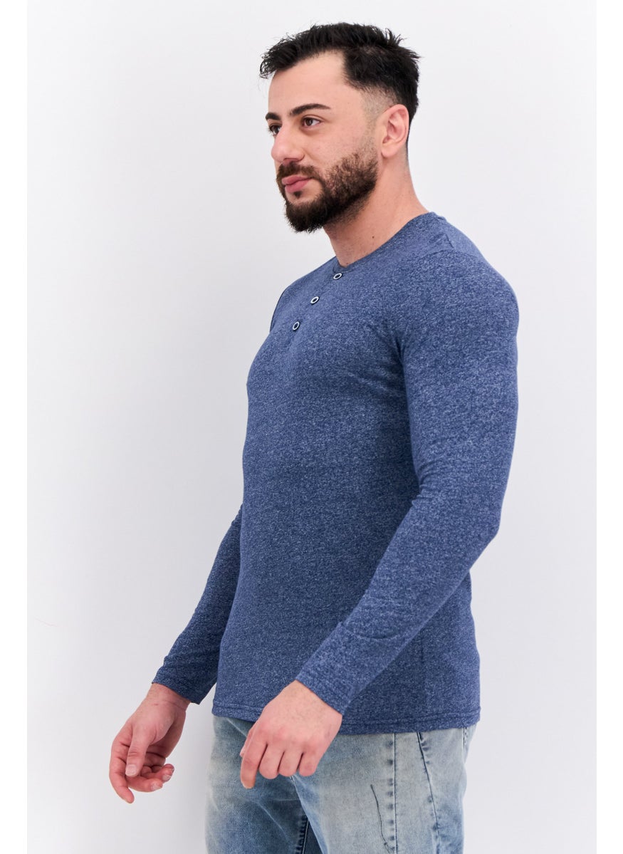 Blue Black Threads - Men Henley Neck Long Sleeves Heather T-Shirts, Navy - Image 1