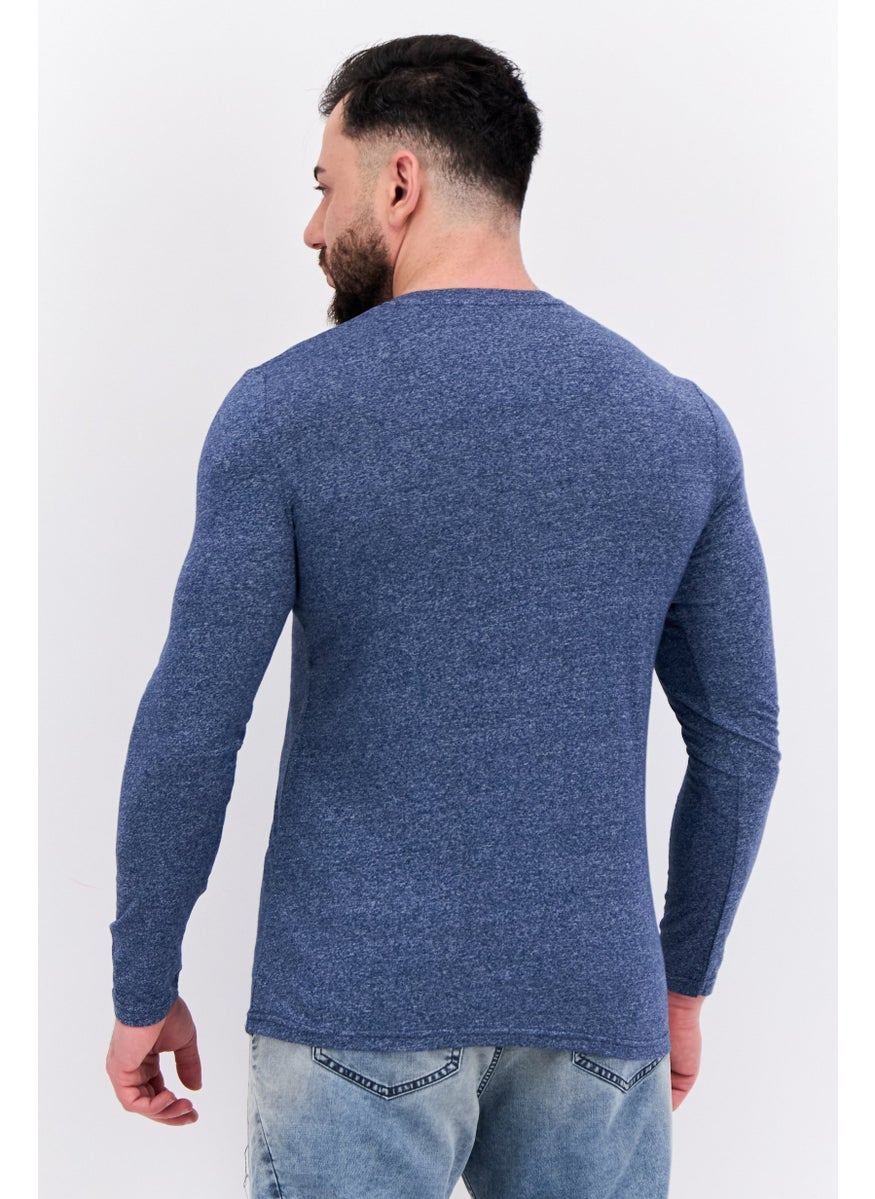 Blue Black Threads - Men Henley Neck Long Sleeves Heather T-Shirts, Navy - Image 1