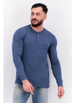 Men Henley Neck Long Sleeves Heather T-Shirts, Navy
