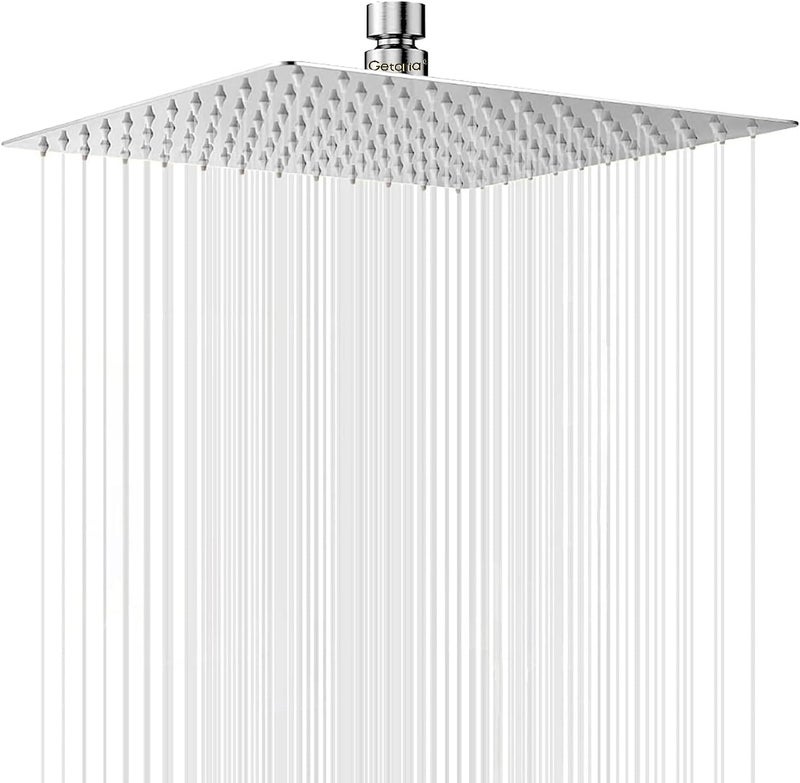 Getaria 12 Inch Square Rain Shower Head - High Pressure Stainless Steel with 144 Silicone Jets - Image 1