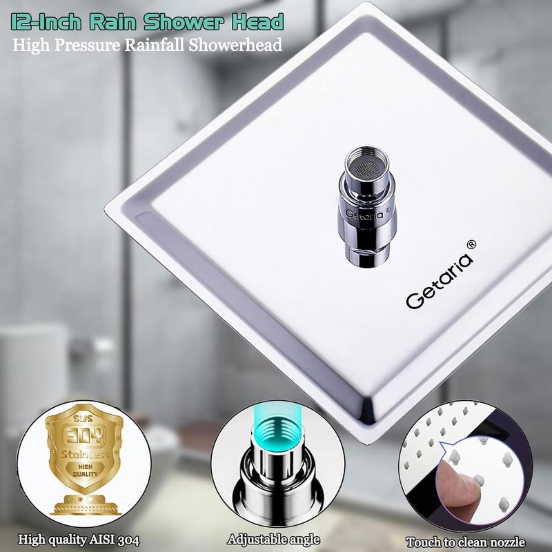 Getaria 12 Inch Square Rain Shower Head - High Pressure Stainless Steel with 144 Silicone Jets - Image 2