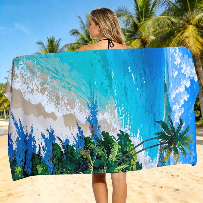 Beach Towel 35x75cm Palm Trees Ocean Waves Quick Dry Lightweight Absorbent Travel Camping Swimming Surfing Gift Unisex - Image 1