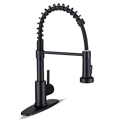 WEWE Kitchen Faucets with Pull Down Sprayer Commercial Industrial Stainless Steel Single Handle Single Hole Spring Farmhouse RV Sink Faucet, Matte Black Kitchen Faucet for Laundry Utility Room Sink - Image 1