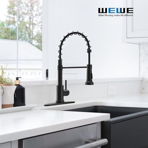 WEWE Kitchen Faucets with Pull Down Sprayer Commercial Industrial Stainless Steel Single Handle Single Hole Spring Farmhouse RV Sink Faucet, Matte Black Kitchen Faucet for Laundry Utility Room Sink - Image 2