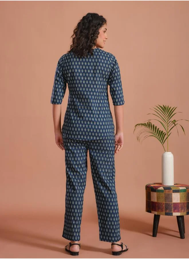 sanskrutihomes Pure Cotton Printed Notch Neck Top and Pyjama Set by Styli