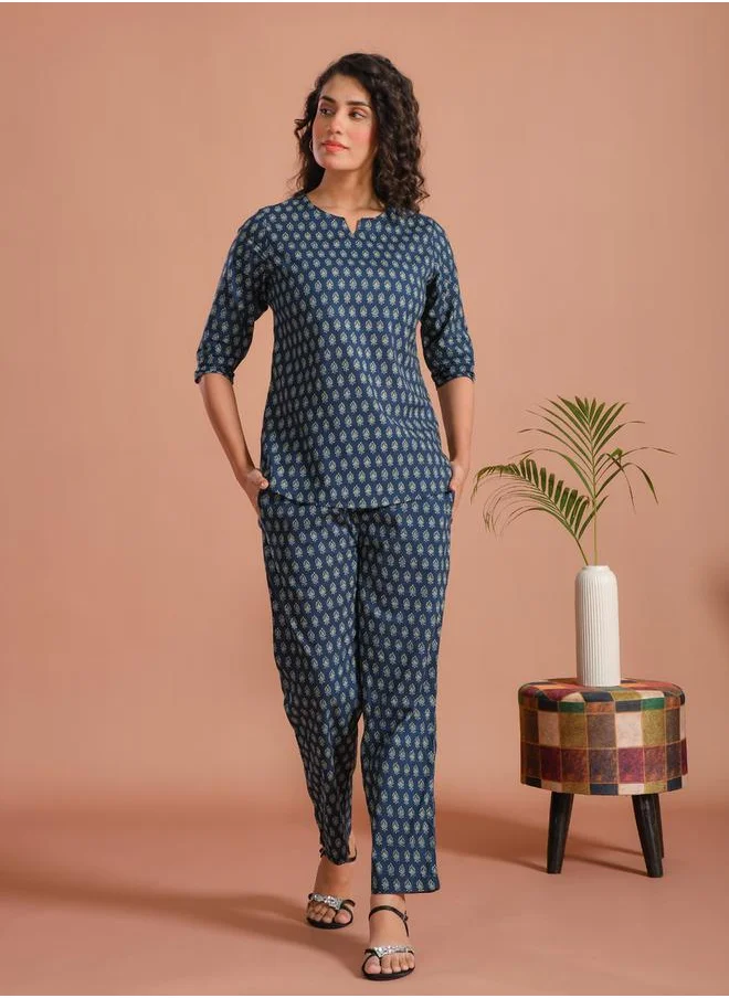 sanskrutihomes Pure Cotton Printed Notch Neck Top and Pyjama Set by Styli