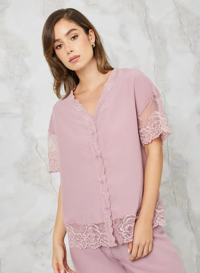 ستايلي Lace Trim Textured Shirt & Pyjama Set