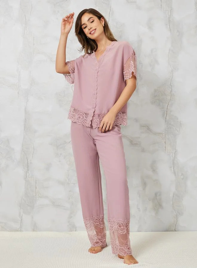 ستايلي Lace Trim Textured Shirt & Pyjama Set