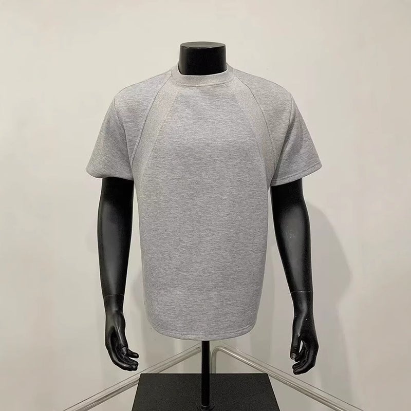 Cleanfit Gray Small Neckline T-Shirt Men'S American Style Right Shoulder Short Sleeve Boxy Splicing Half Sleeve - Image 5