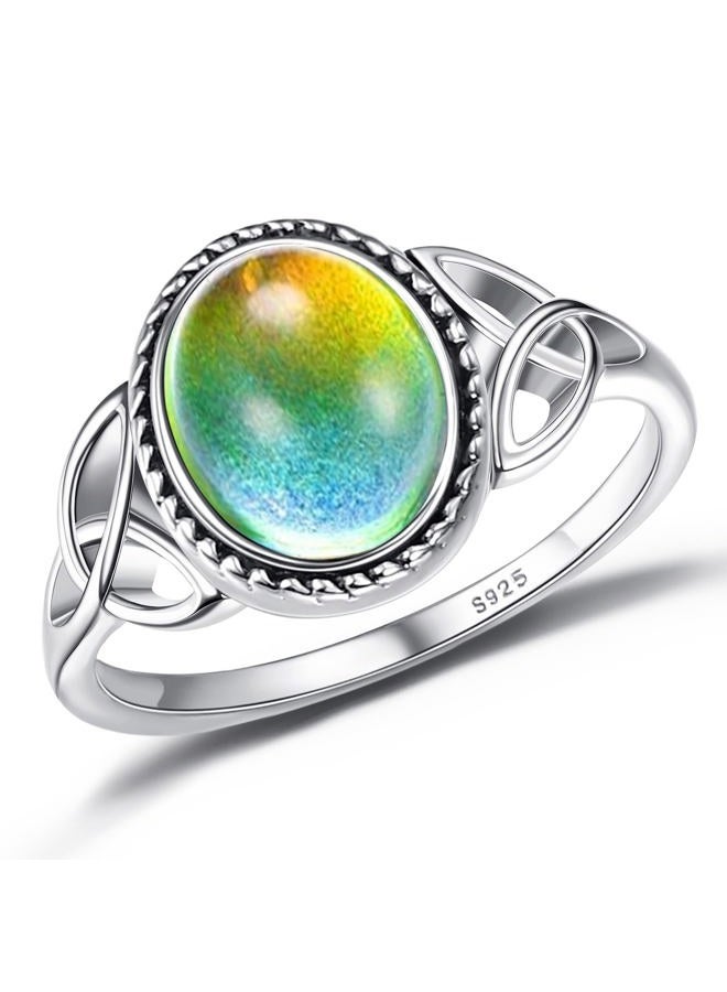 ADRAMATA 925 Sterling Silver Mood Ring for Women Vintage Celtic Knot Rings Jewelry 18K White Gold Plated Oval Solitaire Mood Ring Temperature Control Color Change Mood Ring, 10, Sterling Silver, No - Image 1