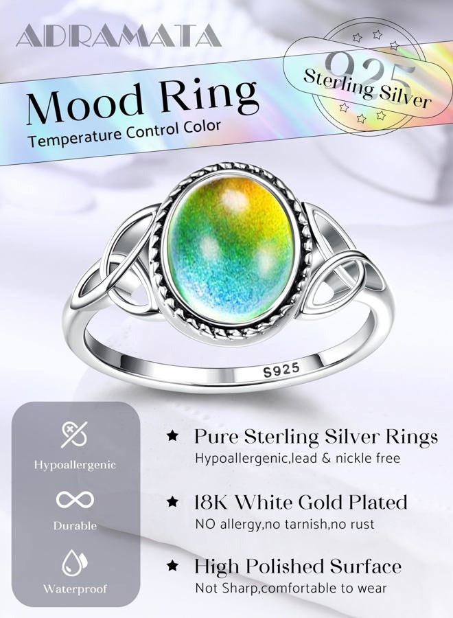 ADRAMATA 925 Sterling Silver Mood Ring for Women Vintage Celtic Knot Rings Jewelry 18K White Gold Plated Oval Solitaire Mood Ring Temperature Control Color Change Mood Ring, 10, Sterling Silver, No - Image 5