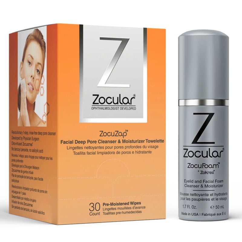 Zocular ZocuZap Facial Wipes, 30 Count + Zocular ZocuFoam Eyelid Cleanser Bundle - Image 1