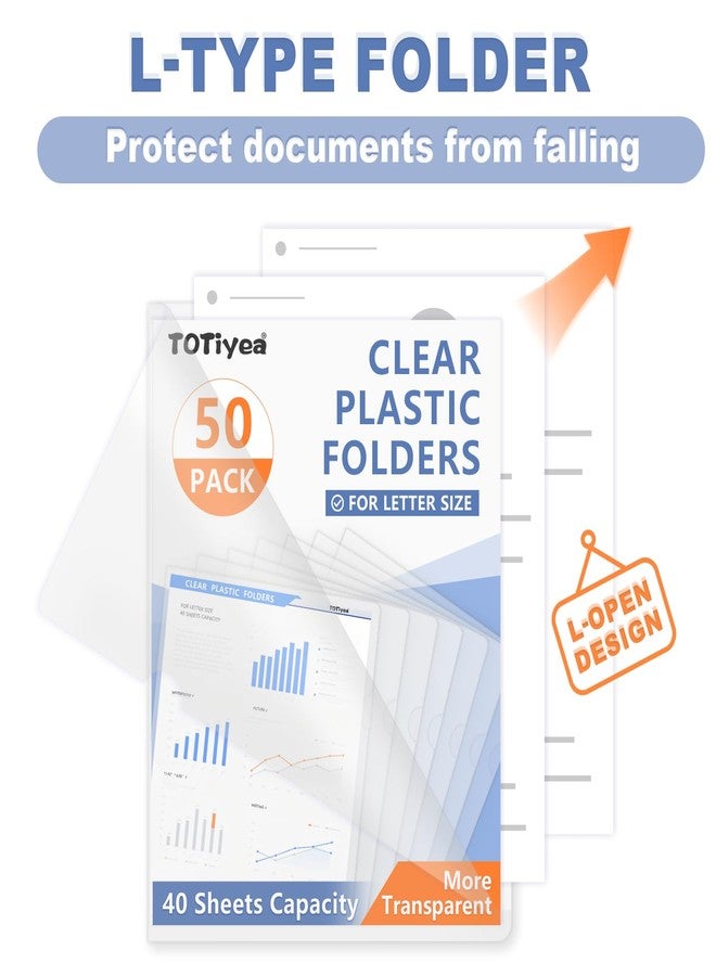 TOTiyea 50 Pack Clear Folder, Plastic L-Type Folders, Clear Copy Safe Project Pocket, Fits Letter Size 8.5x11 Paper, Transparent - Image 4