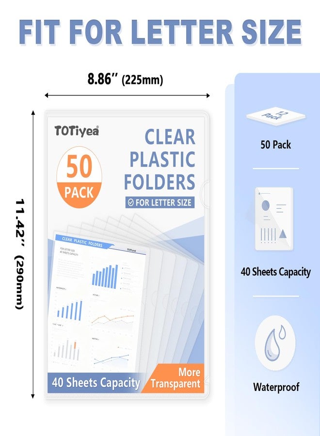 TOTiyea 50 Pack Clear Folder, Plastic L-Type Folders, Clear Copy Safe Project Pocket, Fits Letter Size 8.5x11 Paper, Transparent - Image 2