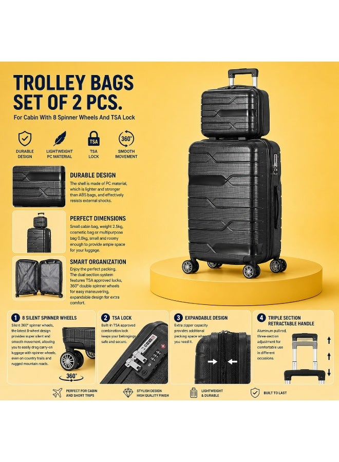 2 Piece Cabin Trolley Luggage Set, Travel Suitcases with 8 Spinner Wheels and TSA Lock for Short Trips - Image 3