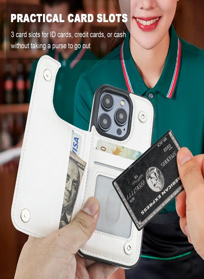 OT ONETOP جراب محفظة Onetop لهاتف iPhone 15 Pro مع حامل بطاقات، وحلقة دوارة 360 درجة، وحامل قابل للطي، وغطاء من الجلد الصناعي PU مقاوم للصدمات مع مشبك مغناطيسي مزدوج، ومانع لتقنية RFID، مناسب للنساء والفتيات، مقاس 6.1 بوصة (أبيض). - Image 3