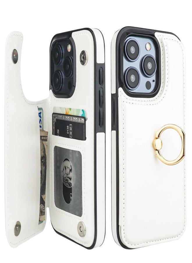 OT ONETOP جراب محفظة Onetop لهاتف iPhone 15 Pro مع حامل بطاقات، وحلقة دوارة 360 درجة، وحامل قابل للطي، وغطاء من الجلد الصناعي PU مقاوم للصدمات مع مشبك مغناطيسي مزدوج، ومانع لتقنية RFID، مناسب للنساء والفتيات، مقاس 6.1 بوصة (أبيض). - Image 1