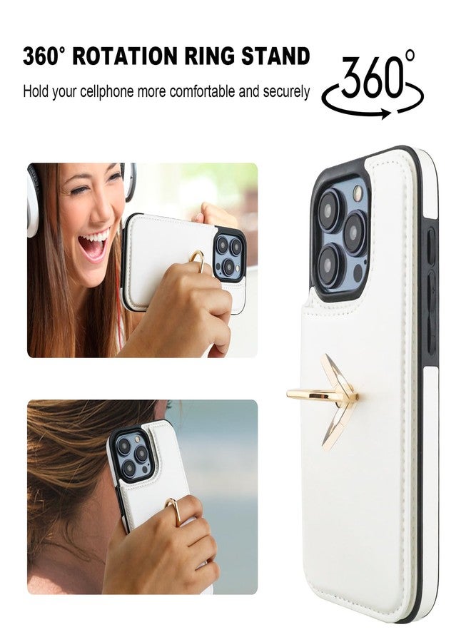 OT ONETOP جراب محفظة Onetop لهاتف iPhone 15 Pro مع حامل بطاقات، وحلقة دوارة 360 درجة، وحامل قابل للطي، وغطاء من الجلد الصناعي PU مقاوم للصدمات مع مشبك مغناطيسي مزدوج، ومانع لتقنية RFID، مناسب للنساء والفتيات، مقاس 6.1 بوصة (أبيض). - Image 5