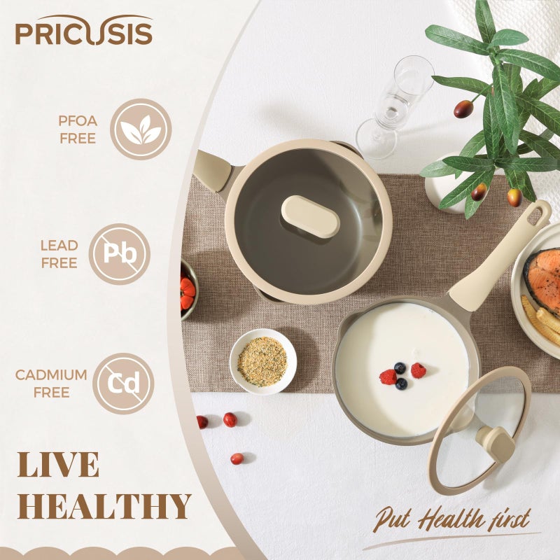 PRICUSIS Nonstick Saucepan Set with Lids, 2QT and 2.7QT Ceramic Sauce Pan Set, Non Toxic Sauce Pots with Pour Spouts for Multipurpose Use, PTFE, PFOA & PFAS Free, Induction Compatible, Apricot - Image 5