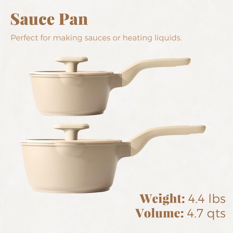 PRICUSIS Nonstick Saucepan Set with Lids, 2QT and 2.7QT Ceramic Sauce Pan Set, Non Toxic Sauce Pots with Pour Spouts for Multipurpose Use, PTFE, PFOA & PFAS Free, Induction Compatible, Apricot - Image 2
