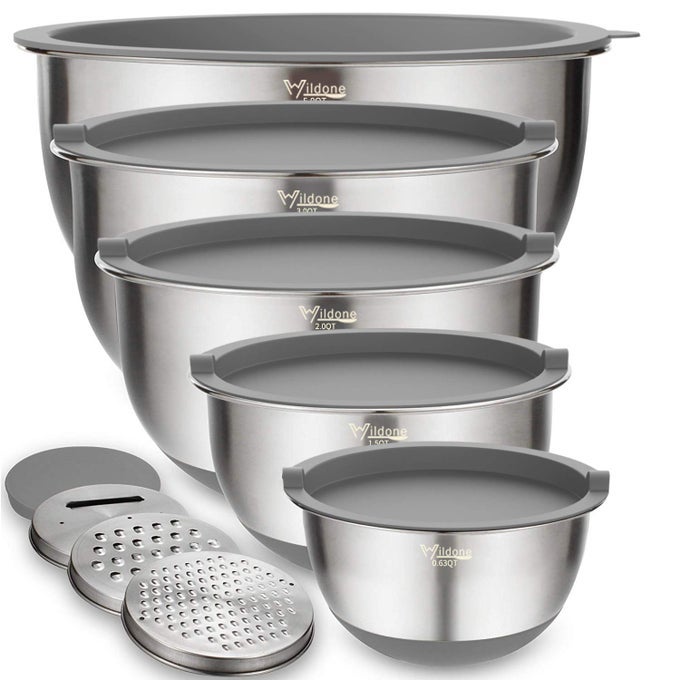 MIXING BOWLS WITH AIRTIGHT LIDS SET 5PCS STAINLESS STEEL NESTING BOWLS SET FOR KITCHEN WITH GRATER ATTACHMENTS NONSLIP BOTTOMS SIZE 5 3 2 15 063 QT GREAT FOR BAKING SERVING