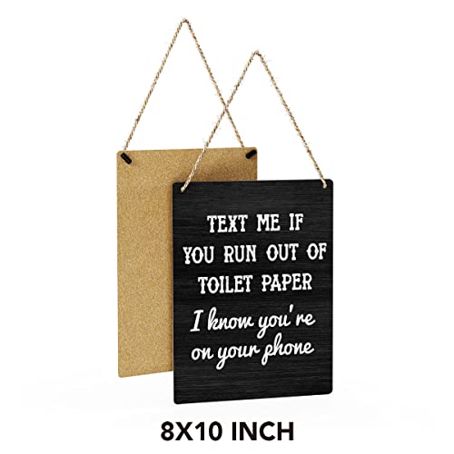 SENJIAN Rustic Bathroom Wood Decor Sign, Text Me If You Run out of Toilet Paper Printed Wood Sign Wall Art, Hanging Door Sign, Decorative Wood Sign Home Bathroom Toilet Decor 8" x 10" - Image 2