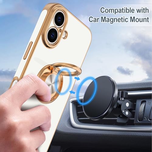 Hython for iPhone 16 Plus Case with Ring Stand, 360° Rotatable Ring Holder Magnetic Kickstand, Plating Rose Gold Edge Soft Cover Protective Phone Case for iPhone 16 Plus 6.7", White - Image 5