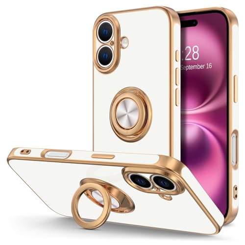 Hython for iPhone 16 Plus Case with Ring Stand, 360° Rotatable Ring Holder Magnetic Kickstand, Plating Rose Gold Edge Soft Cover Protective Phone Case for iPhone 16 Plus 6.7", White - Image 1