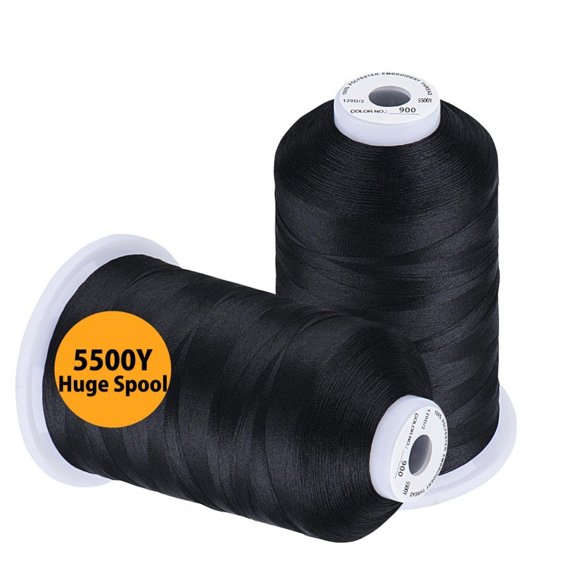 Simthread Embroidery Thread 5500 Yards Black 900 2 Huge Spools 40wt Polyester for Brother Babylock Janome Singer Pfaff Husqvarna Bernina Machine