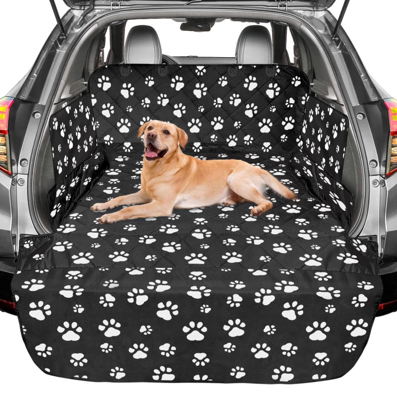 Fcolor SUV Cargo Liner for Dogs Waterproof Pet Cargo Liner with Side Flaps Comfort Dog Cargo Cover with Bumper Flap Scrachproof NonSlip Large Size Universal Fit SUVs Sedans Trunks Vans Paw