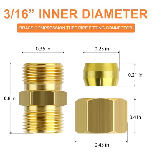 GASHER 20PCS Brass Compression Tube Pipe Fitting Connector 316 Tube OD x 316 Tube OD Connector - Image 3