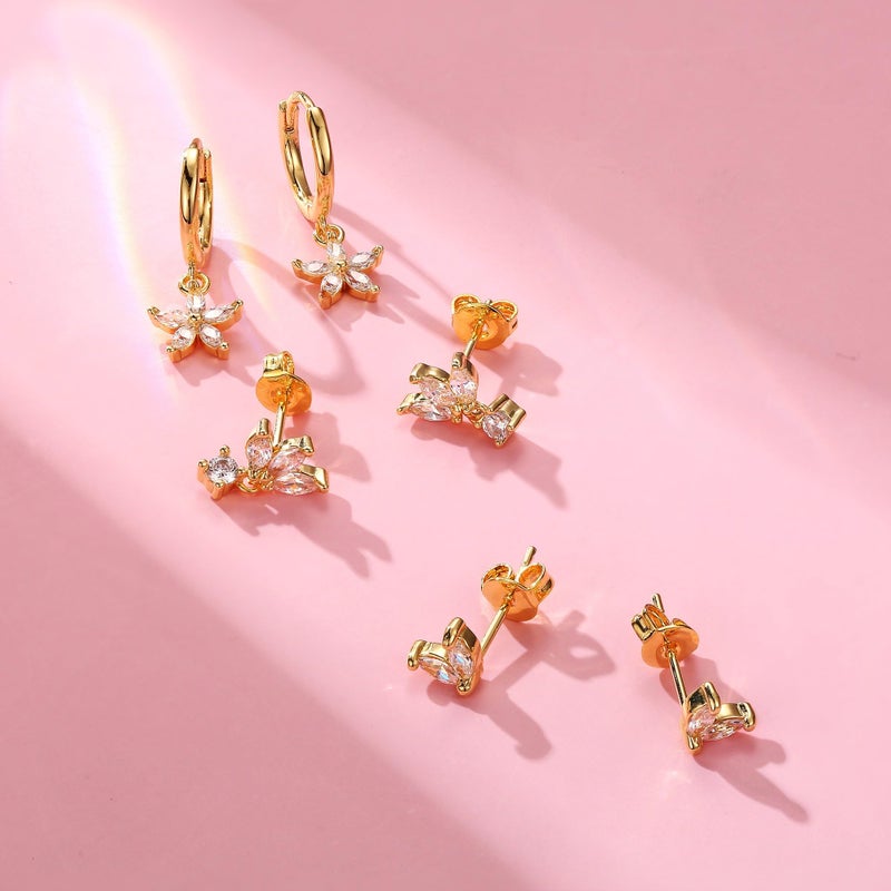 Krfy 3 Pairs Dainty Gold Plated Earrings for Women - Flower Cartilage Earring 14K Gold Plated Sterling Silver Post Hypoallergenic Earring Sets for Multiple Piercing - Image 3