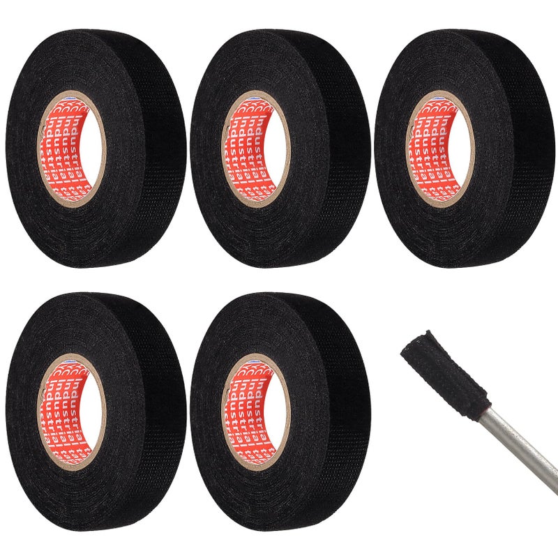 Automotive Fabric Tape: 5 Rolls Black 19mm X 15m Durable Cotton-Pet Woven Construction - Noise Vibration Control Harness Tape for Vehicle Wiring Management, Workshop Use - Image 1