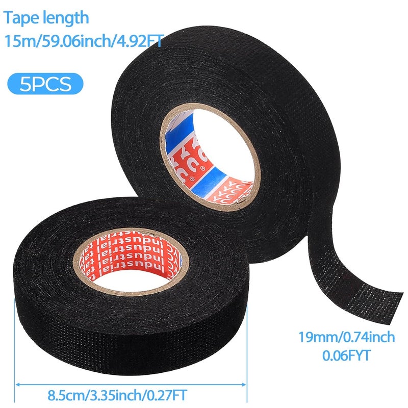 Automotive Fabric Tape: 5 Rolls Black 19mm X 15m Durable Cotton-Pet Woven Construction - Noise Vibration Control Harness Tape for Vehicle Wiring Management, Workshop Use - Image 3