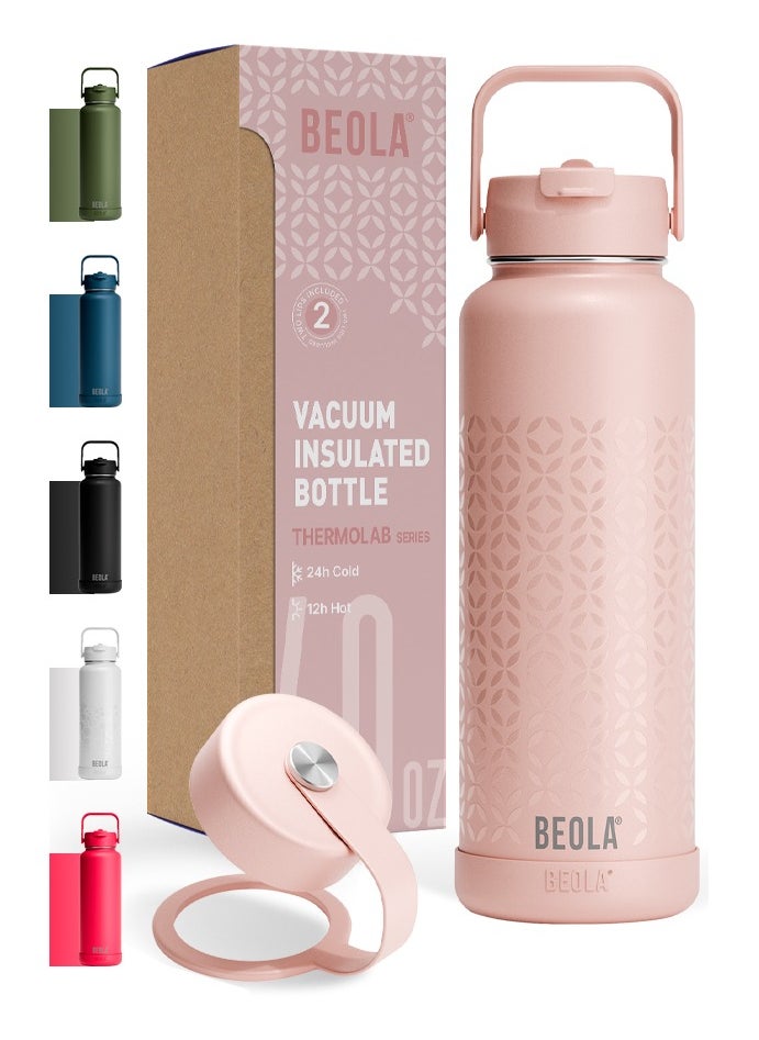 BEOLA 1200ml Water Bottle 18/8 Stainless Steel 304 Double Wall Insulated Thermos Bottle with a wide mouth, 2 lids included, Hot Cold Liquids Sports Bottle, 40oz Bottle (Blush Pink)  - Image 1