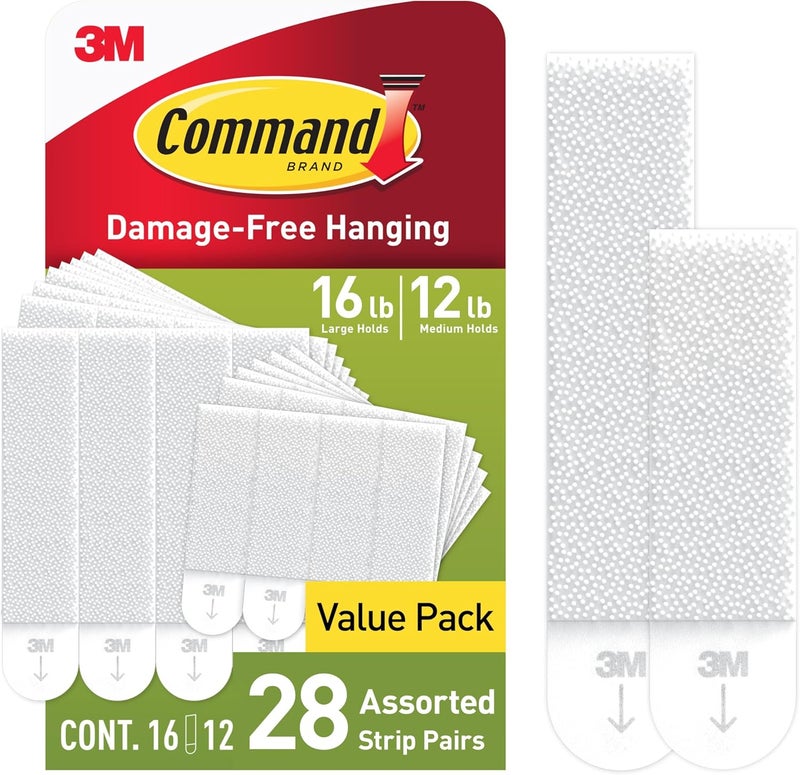 Command 15 lb & 10 lb Large and Medium Picture Hanging Strips 28 Assorted Pairs (56 Strips), Damage-Free Hanging Picture Hangers, Great for Home Decor, White Adhesive - Image 1
