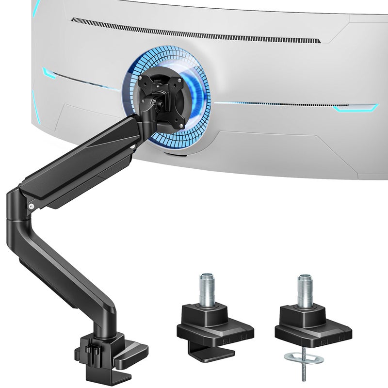 ARES WING Ultrawide Monitor Arm, Heavy Duty Single Monitor Mount for 13"-49" Curved Screens, Adjustable Stand for Desk with C-clamp & Grommet Base up to 40 LBS, Black - Image 1