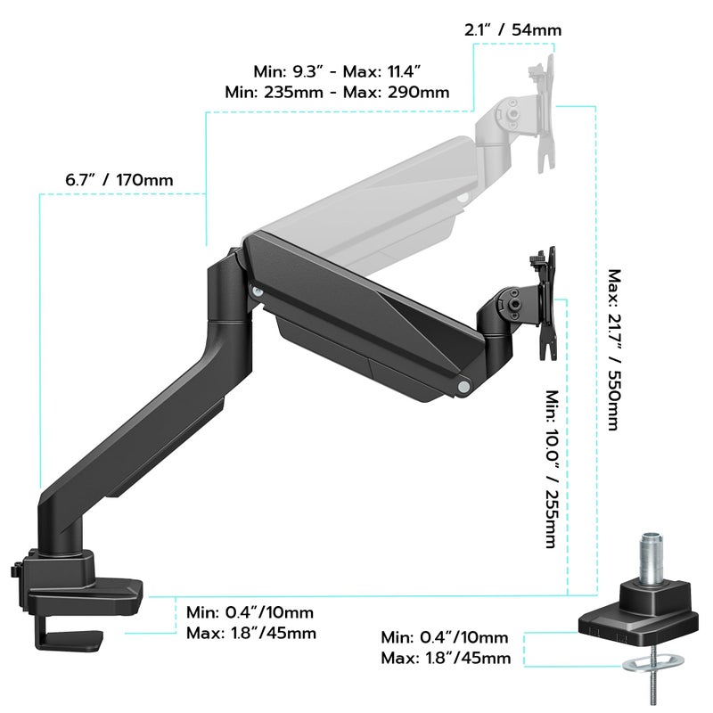 ARES WING Ultrawide Monitor Arm, Heavy Duty Single Monitor Mount for 13"-49" Curved Screens, Adjustable Stand for Desk with C-clamp & Grommet Base up to 40 LBS, Black - Image 2