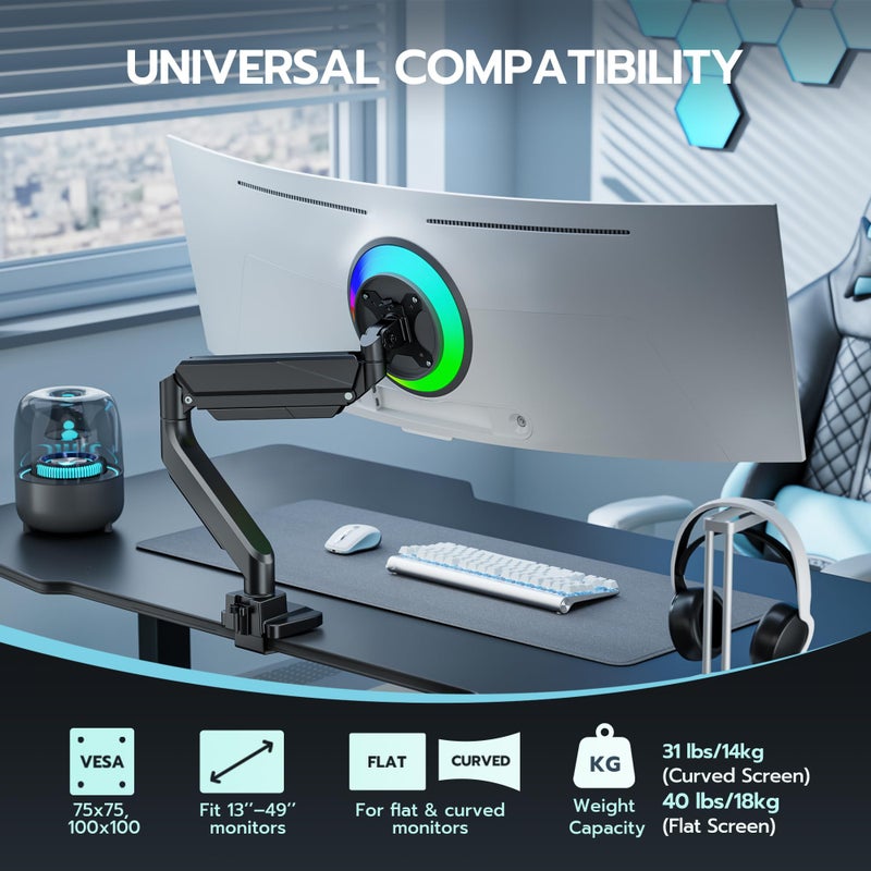 ARES WING Ultrawide Monitor Arm, Heavy Duty Single Monitor Mount for 13"-49" Curved Screens, Adjustable Stand for Desk with C-clamp & Grommet Base up to 40 LBS, Black - Image 4