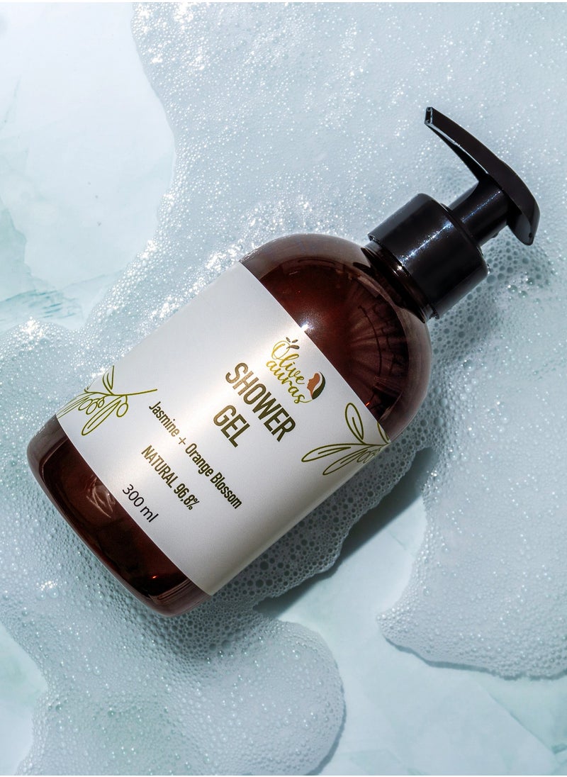 Olive Auras - Olive Auras Jasmine & Orange Blossom Shower Gel 300ml A Luxurious Cleansing Experience 96.8% Natural Shower Gel it Gently Cleanses & Pampers Leaving Skin Soft & Delicately Scented - Image 1